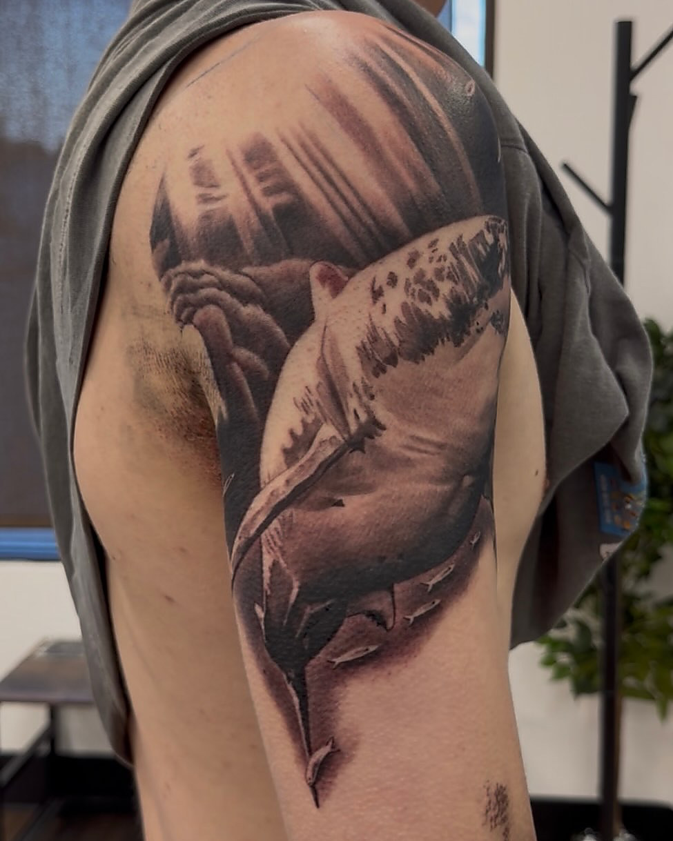 Black and grey shark across a shoulder, by Owen Lewis